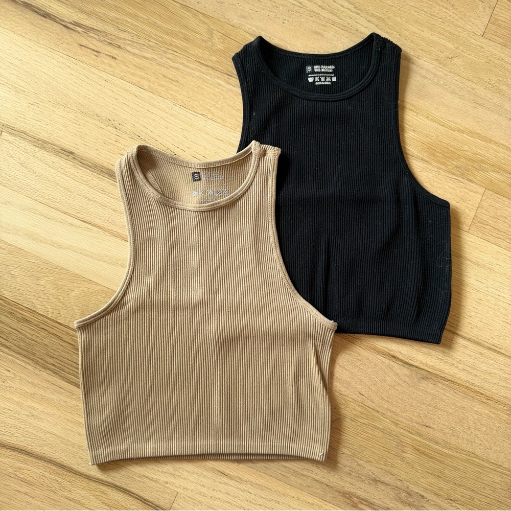 Bundle Set of 2 Ribbed Crop Tops – Black & Tan (Women’s Small)